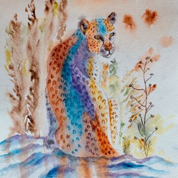 Pintura intitulada "Le léopard coloré" por Guyle Rayne, Obras de arte originais, Aquarela