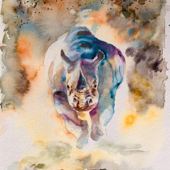 Painting titled "Charge du rhinocéros" by Guyle Rayne, Original Artwork, Watercolor