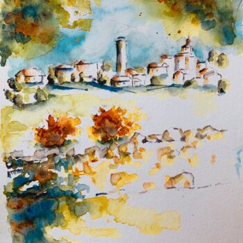Painting titled "Le village d’Oingt" by Guyle Rayne, Original Artwork, Watercolor