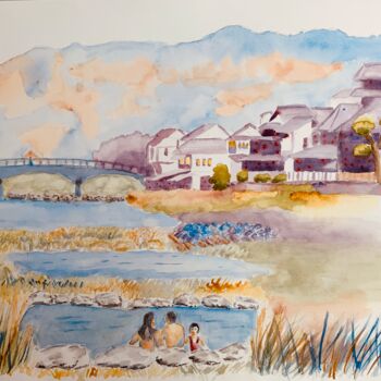 Painting titled "Source chaude japon…" by Guyle Rayne, Original Artwork, Watercolor