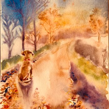Painting titled "Au bout du chemin" by Guyle Rayne, Original Artwork, Watercolor