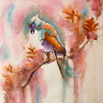 Ζωγραφική με τίτλο "Oiseau chanteur" από Guyle Rayne, Αυθεντικά έργα τέχνης, Ακουαρέλα