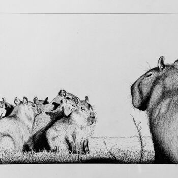 Zeichnungen mit dem Titel "Capibara family war…" von Guy Mijten, Original-Kunstwerk, Tinte