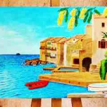 Painting titled "Cabanons et mimosas" by Jean Guyou, Original Artwork, Oil