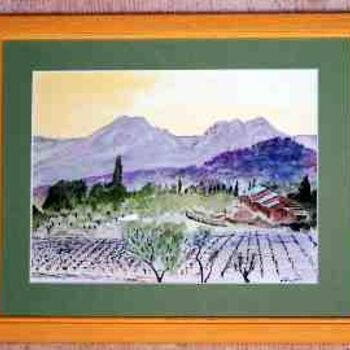 Painting titled "Village dans les pr…" by Jean Guyou, Original Artwork, Oil