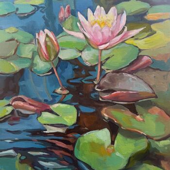 Painting titled "Colorful pond" by Guzel Min, Original Artwork, Oil Mounted on Wood Stretcher frame