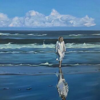 Pintura intitulada "Blue ocean and wome…" por Guzel Min, Obras de arte originais, Óleo