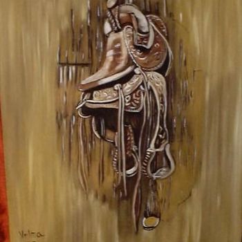 Painting titled "Hanging Saddle" by Velma Gomez, Original Artwork, Oil
