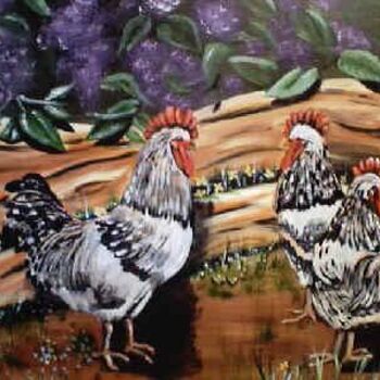 Painting titled "Roosters and Purple…" by Velma Gomez, Original Artwork, Oil