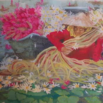 Schilderij getiteld "Lotus harvest" door Gwendolyn Jaafar, Origineel Kunstwerk, Gouache