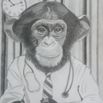 Dibujo titulada "Le singe, docteur." por Gwenolee Mahe, Obra de arte original, Lápiz
