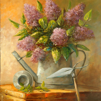 Painting titled "Rural lilac still l…" by Gyorgy Lantos (Hu), Original Artwork, Oil