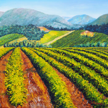 Peinture intitulée "Rangs de vigne- Hui…" par Gyslaine Pachet Micheneau, Œuvre d'art originale, Huile Monté sur Châssis en b…