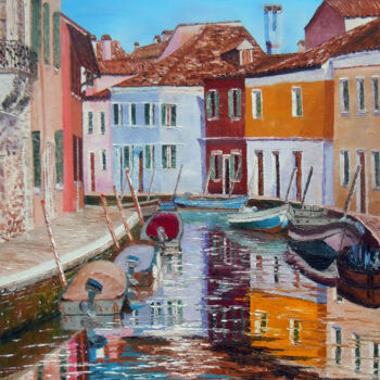 Painting titled "Vue de Burano-G.Pac…" by Gyslaine Pachet Micheneau, Original Artwork, Oil Mounted on Wood Stretcher frame