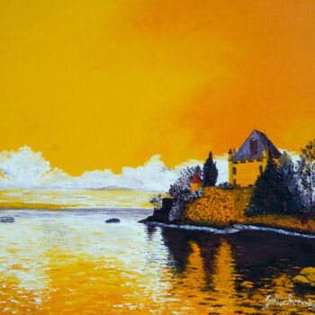 Painting titled "Yvoire- Lac Leman-…" by Gyslaine Pachet Micheneau, Original Artwork, Oil Mounted on Wood Stretcher frame