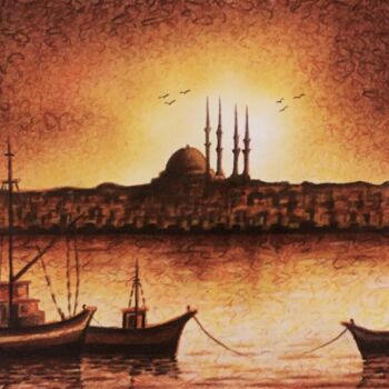Tekening getiteld "İstanbul  Sunset" door H.Gurel Art, Origineel Kunstwerk, Pastel