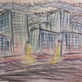 Рисунок под названием "Dark cities  #03" - Herve L (Achel), Подлинное произведение искусства, Цветные карандаши
