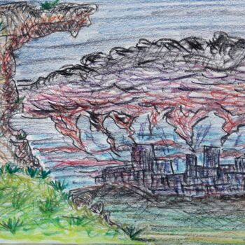Рисунок под названием "Dark cities #06 - M…" - Herve L (Achel), Подлинное произведение искусства, Цветные карандаши