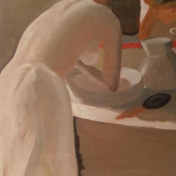 Painting titled "Dame et sa toilette" by Sofiane Hadji, Original Artwork, Oil Mounted on Wood Stretcher frame