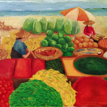 Pittura intitolato "thai market" da Laszlo Hadnagy, Opera d'arte originale, Olio