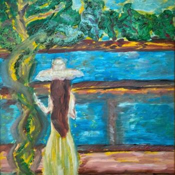 Painting titled "A girl in the park…" by Viorica Hagianu, Original Artwork, Oil Mounted on Wood Stretcher frame