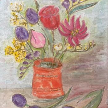 Painting titled "Velvet tulips and s…" by Viorica Hagianu, Original Artwork, Oil Mounted on Wood Stretcher frame