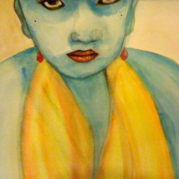 Painting titled "Femme bleue" by Hahembai, Original Artwork, Watercolor