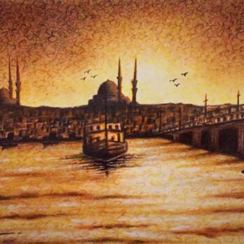 Drawing titled "istanbul sailboats" by Hakan Art, Original Artwork, Pastel Mounted on Cardboard