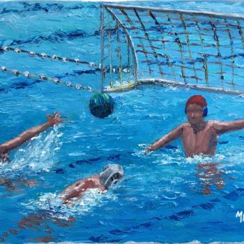 Painting titled "Goal" by Hakan Erdem, Original Artwork, Oil Mounted on Wood Stretcher frame