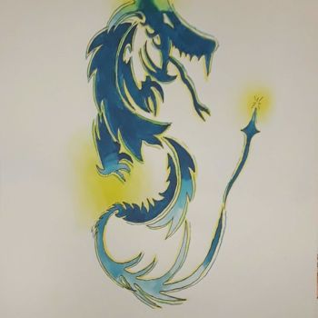 Drawing titled "Dragon feu" by Hakim Blanpain, Original Artwork, Ink