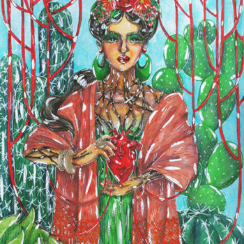 Peinture intitulée "Frida's heart" par Halrusik, Œuvre d'art originale, Aquarelle