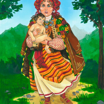 Картина под названием "Hutsul Madonna" - Halrusik, Подлинное произведение искусства, Гуашь