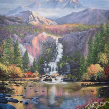 Painting titled "Majestic Falls" by Kenneth Halvorsen, Original Artwork, Oil