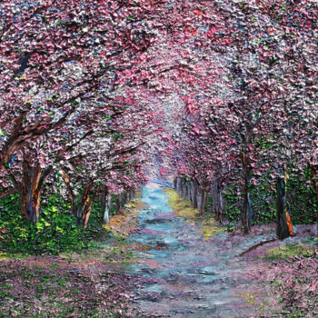 Painting titled "Cherry Blossom" by Kenneth Halvorsen, Original Artwork, Oil Mounted on Wood Stretcher frame