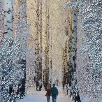 Painting titled "A Winter's Walk" by Kenneth Halvorsen, Original Artwork, Oil Mounted on Wood Stretcher frame
