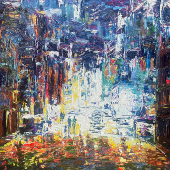 Painting titled "Downtown" by Kenneth Halvorsen, Original Artwork, Oil Mounted on Wood Stretcher frame