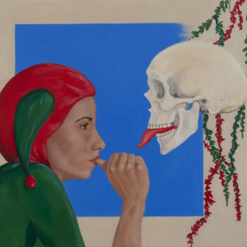 Painting titled "Joker & skull" by Danielle Hameleers, Original Artwork, Oil Mounted on Wood Stretcher frame