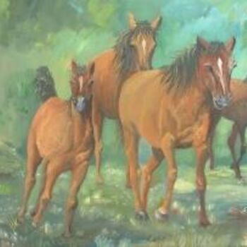 Painting titled "CHEVAUX LIBERTÉ" by Claire Hamelin, Original Artwork, Oil