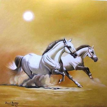 Pintura titulada "Running horses 自由的奔…" por Hamid Bouteldja, Obra de arte original
