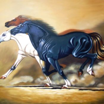 Painting titled "Running horses 自由的奔…" by Hamid Bouteldja, Original Artwork