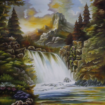 Painting titled "Une cascade sous le…" by Hamza Rhani, Original Artwork, Oil