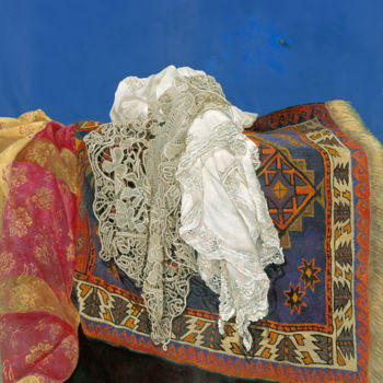 Картина под названием "Carpet with Blue Ba…" - Hanan Milner, Подлинное произведение искусства, Масло