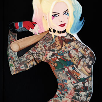 Schilderij getiteld "Comic's Harley" door Handfabdream, Origineel Kunstwerk, Acryl Gemonteerd op Houten paneel