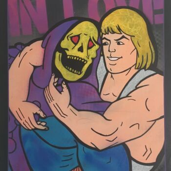 Painting titled "He-Man in love" by Hando Wado, Original Artwork, Spray paint Mounted on Wood Stretcher frame