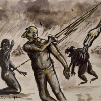 Dibujo titulada "La colère de Thor" por Hang Ribeir, Obra de arte original, Tinta