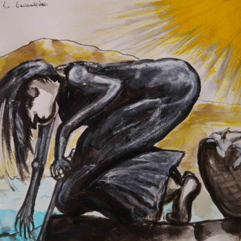 Rysunek zatytułowany „La lavandière” autorstwa Hang Ribeir, Oryginalna praca, Atrament