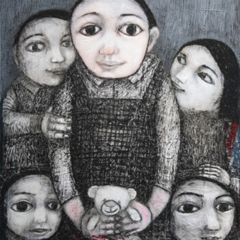 Painting titled "5 fillettes et un d…" by Hanna Chroboczek, Original Artwork, Acrylic Mounted on Wood Stretcher frame