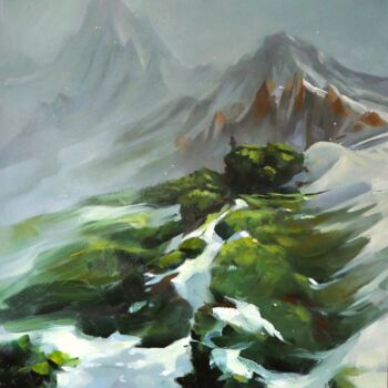 Painting titled "Snow on the grass.…" by Hanna Melekhavets, Original Artwork, Oil Mounted on Wood Stretcher frame