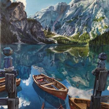 Картина под названием "Lake Braies in the…" - Hanna Melekhavets, Подлинное произведение искусства, Масло Установлен на Дерев…