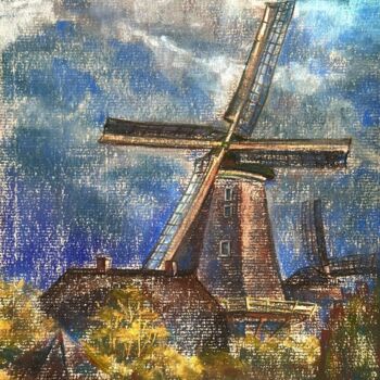 Drawing titled "Storm near the Mill" by Hanna Potapenko, Original Artwork, Pastel